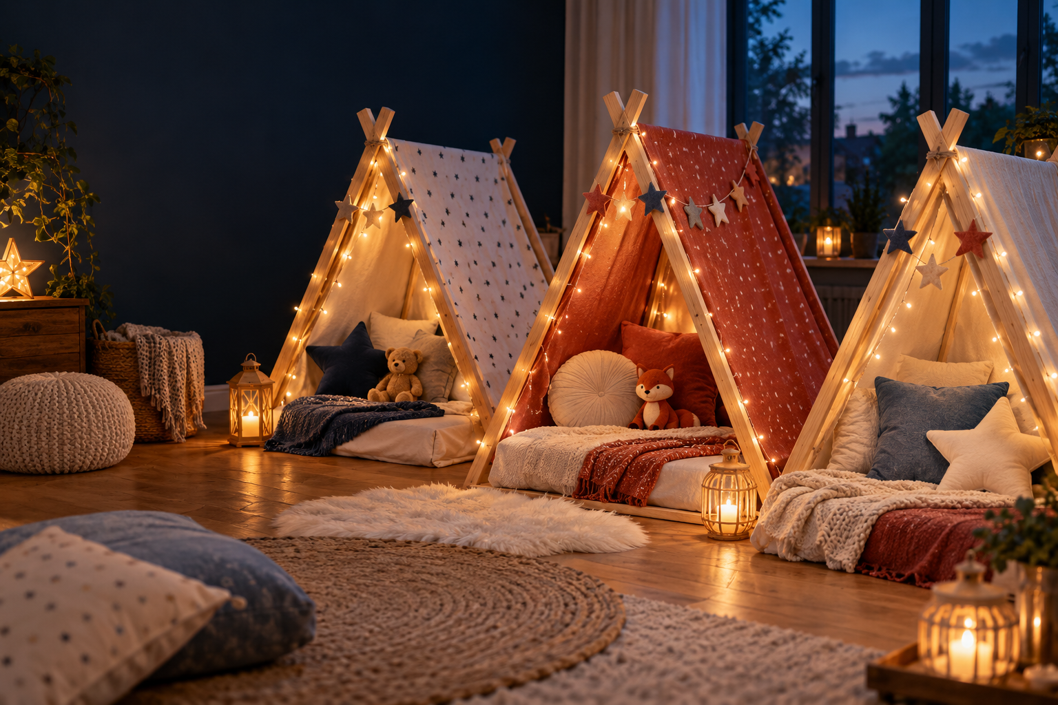 Liebevoll dekorierte Holzzelte mit Lichterketten, Kissen und Decken